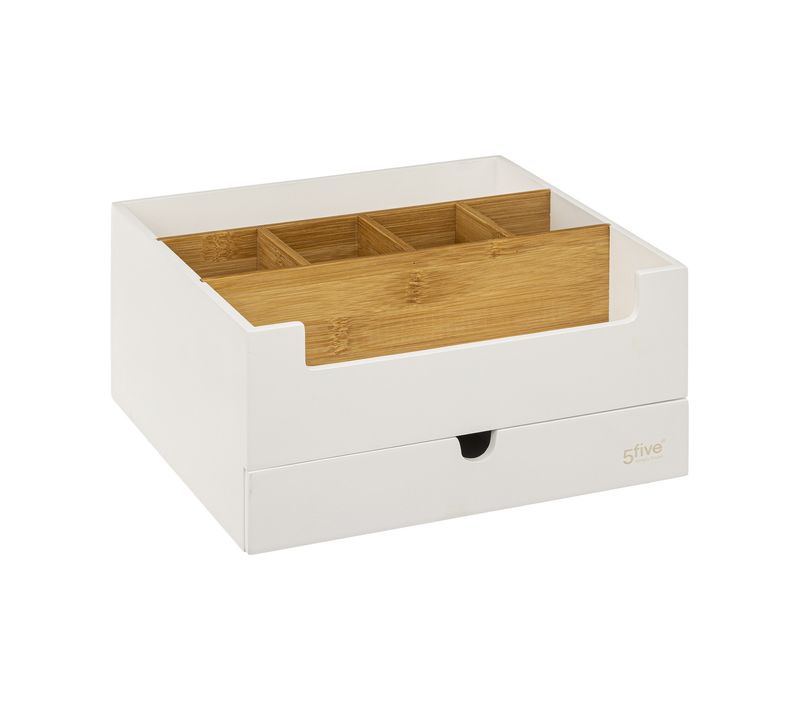 Organiseur Rangement Maquillage 1 Tiroir 9 Compartiments Blanc Et Bambou