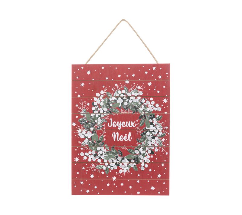 Pancarte Joyeux Noël En Bois Fond Rouge Avec Couronne H 40 Cm