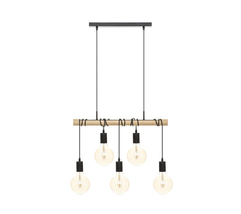 Luminaire Suspension 5 Lampes En Métal Noir Et Bois De Pin L 60 Cm