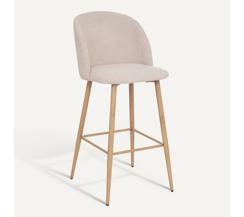 Tabouret Chaise De Bar En Velours Côtelé Beige Lin Et Pieds En Métal Aspect Chêne