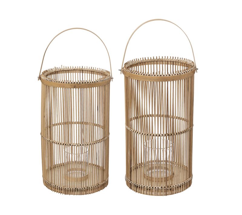 Lot De 2 Lanternes Photophore En Bambou Bougeoirs En Verre