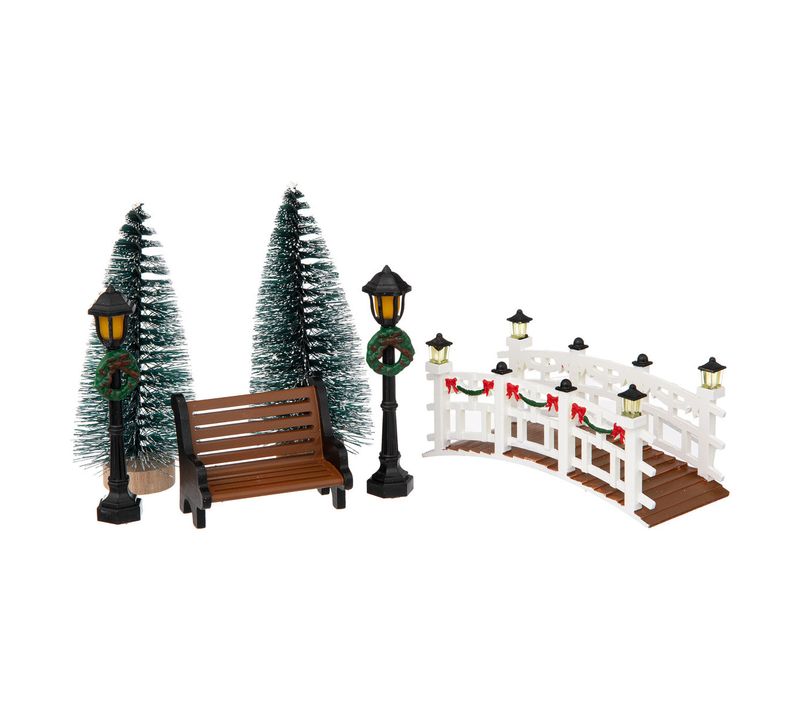 Accessoire Pour Village De Noël Set 6 Pièces , Lampadaires, Sapins, Banc Et Pont
