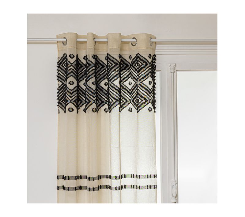Voilage à Oeillets Beige Lin Motif Noir 140 X 240 Cm