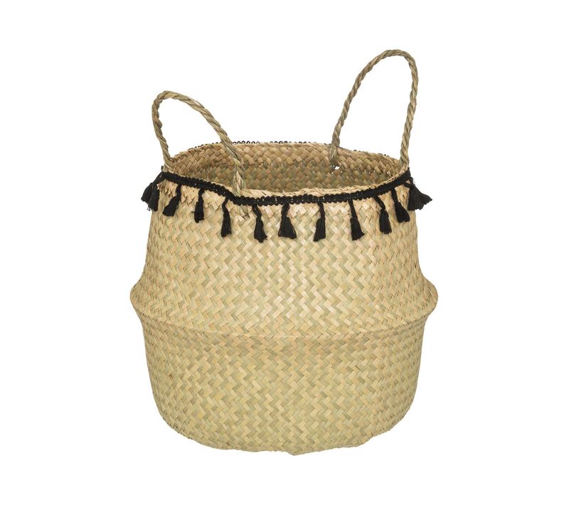 Panier De Rangement Pliable En Seagrass Et Coton Avec Pompons Noirs