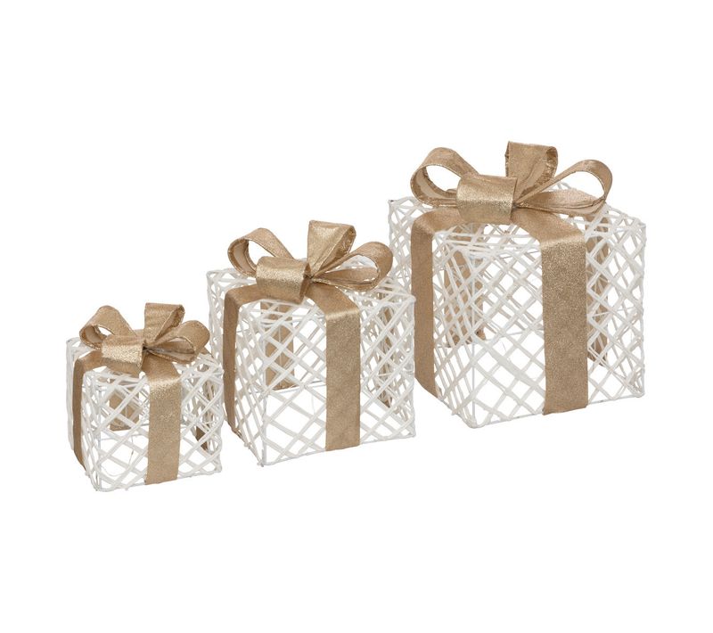 Déco De Noël Lumineuse Lot De 3 Paquets Cadeaux Blancs Et Ruban Champagne