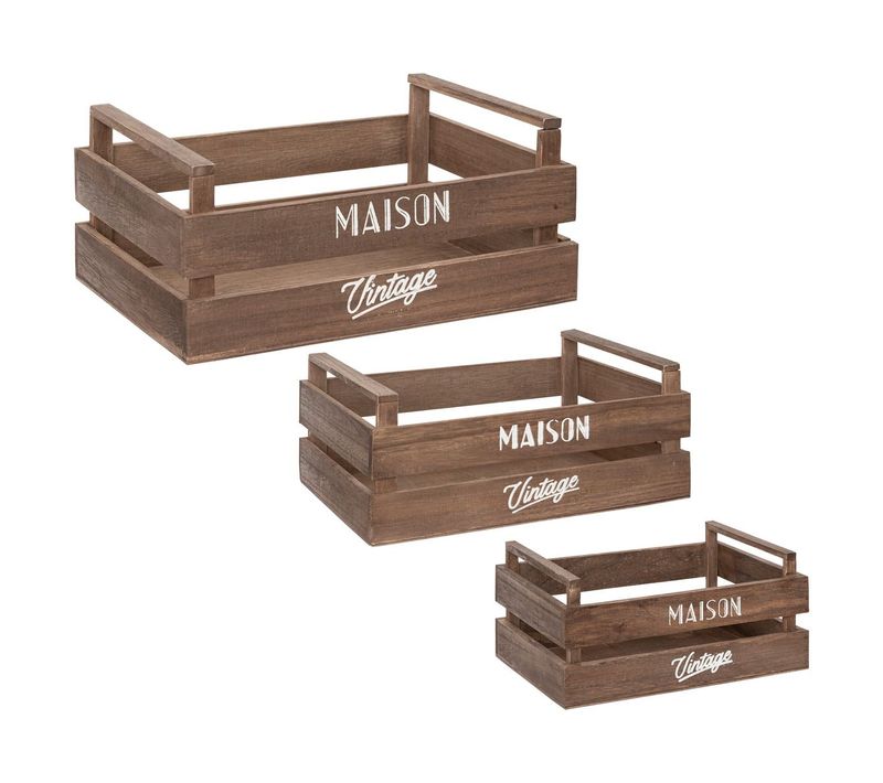 Lot De 3 Caisses De Rangement Cagettes En Bois Marron Vintage L 35 L 29 Et L 23 Cm