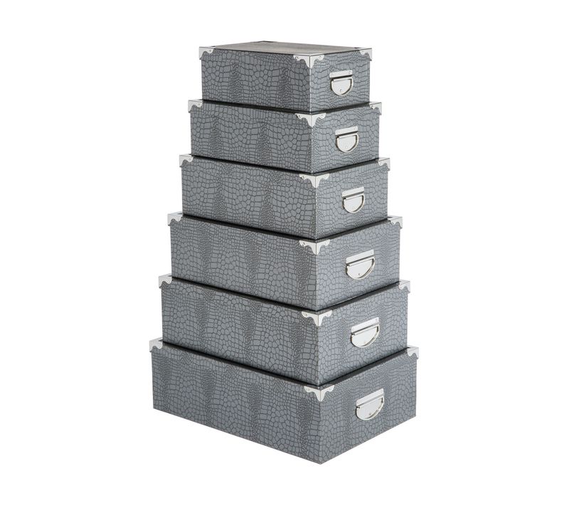 Lot De 6 Boites De Rangement Avec Coins En Métal Effet Croco Gris