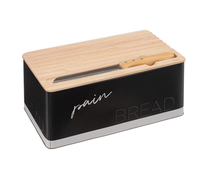 Boîte à Pain En Métal Noir Avec Planche Et Couteau Intégrés