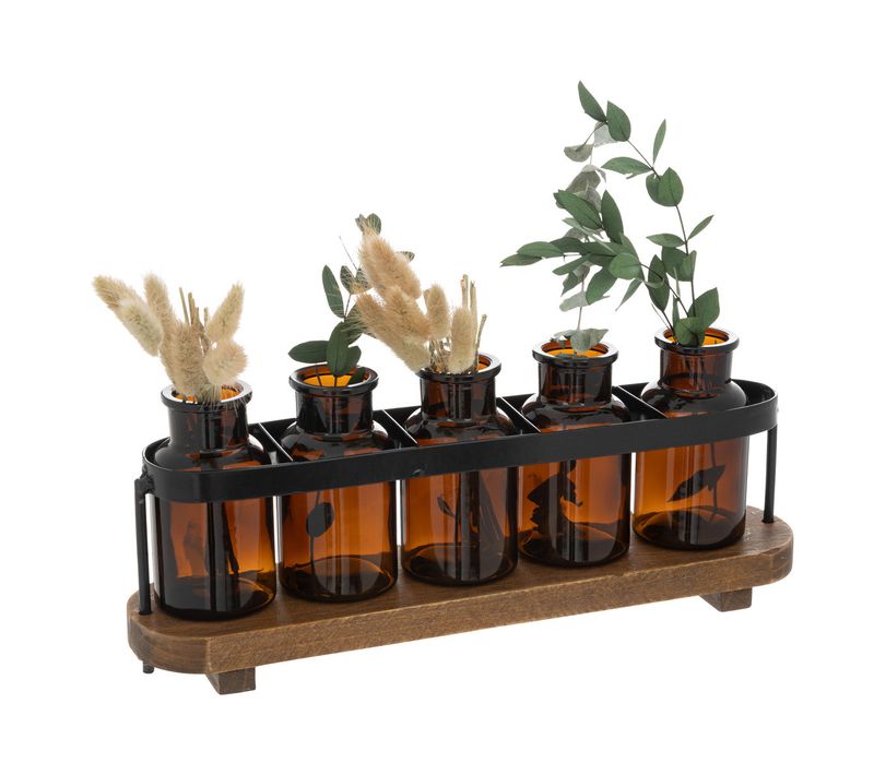 Compo 5 Soliflores Avec Plantes Séchées Dans Un Socle En Bois Et Métal