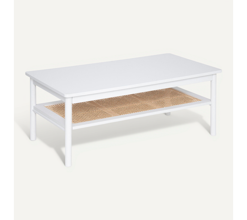 Table Basse 2 Niveaux En Bois Blanc Et Cannage En Rotin