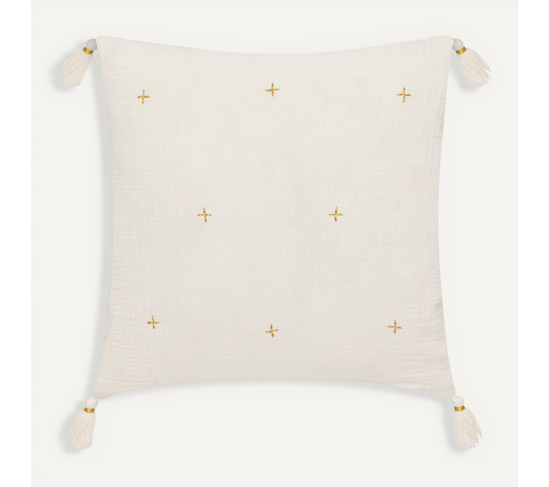 Coussin Décoratif Blanc Ivoire Brodé Doré Avec Pompons 40 X 40 Cm