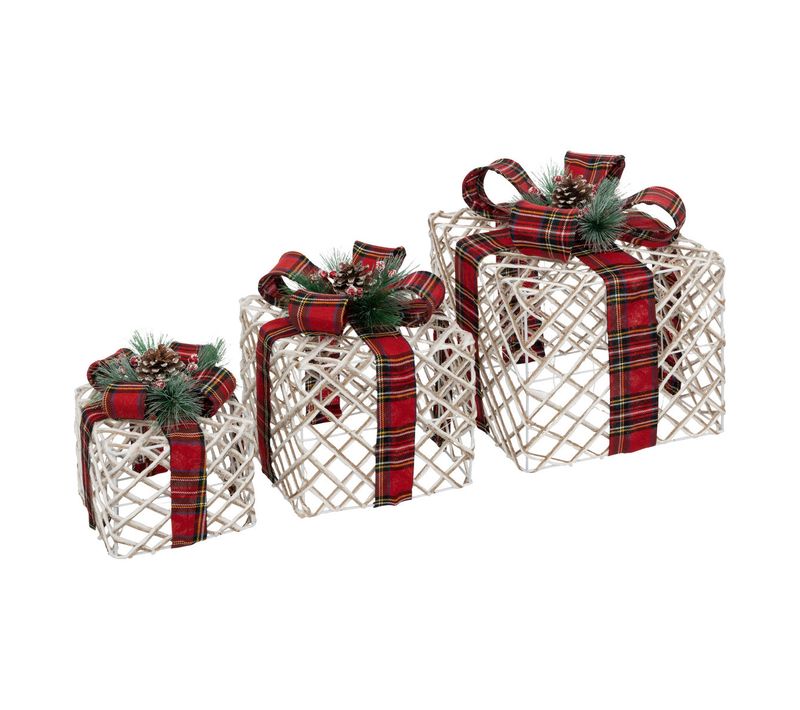 Déco De Noël Lumineuse Lot De 3 Paquets Cadeaux Blancs Et Ruban Tartan