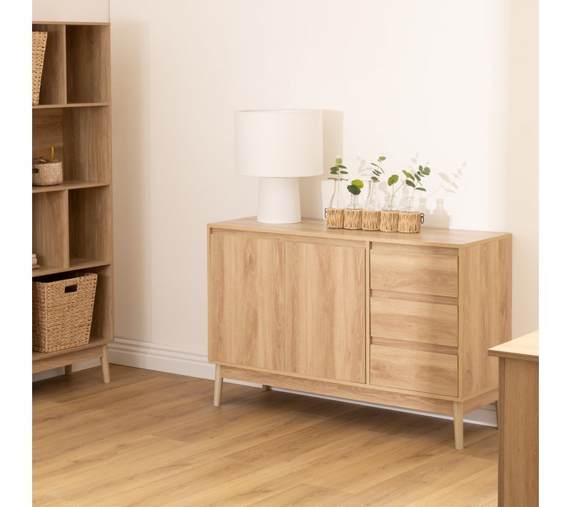 Buffet 120 cm 3 tiroirs ABANA effet chêne naturel