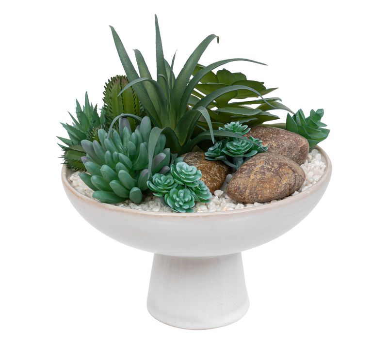 Compo Plantes Grasses Arificielles Dans Un Pot En Céramique Émaillée D 19 X H 20 Cm