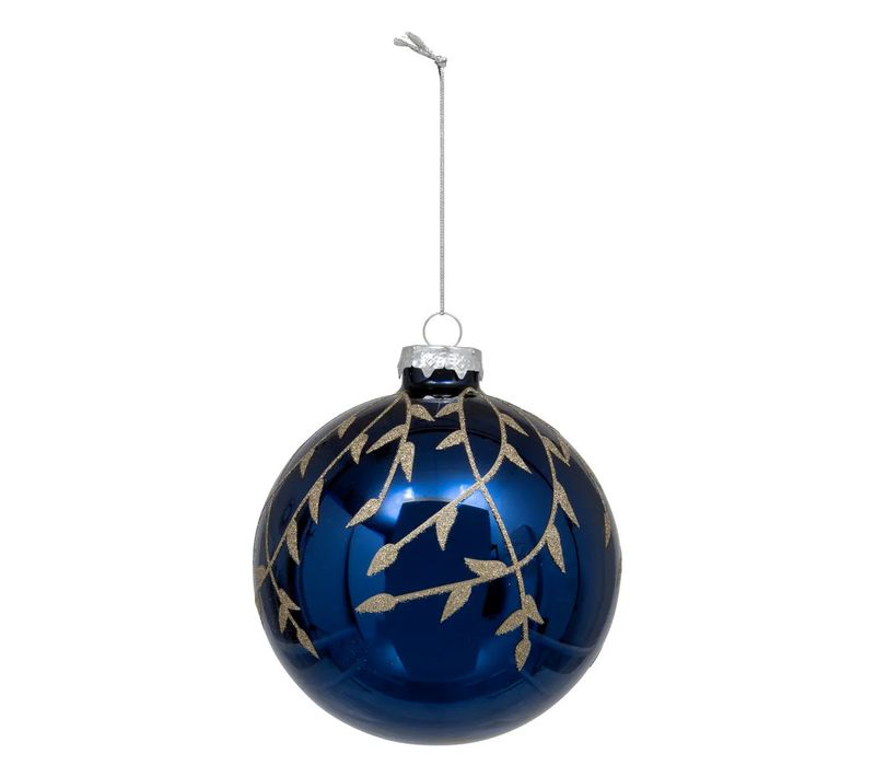 Boule De Noël En Verre "branche Pailletée" 10cm Bleu