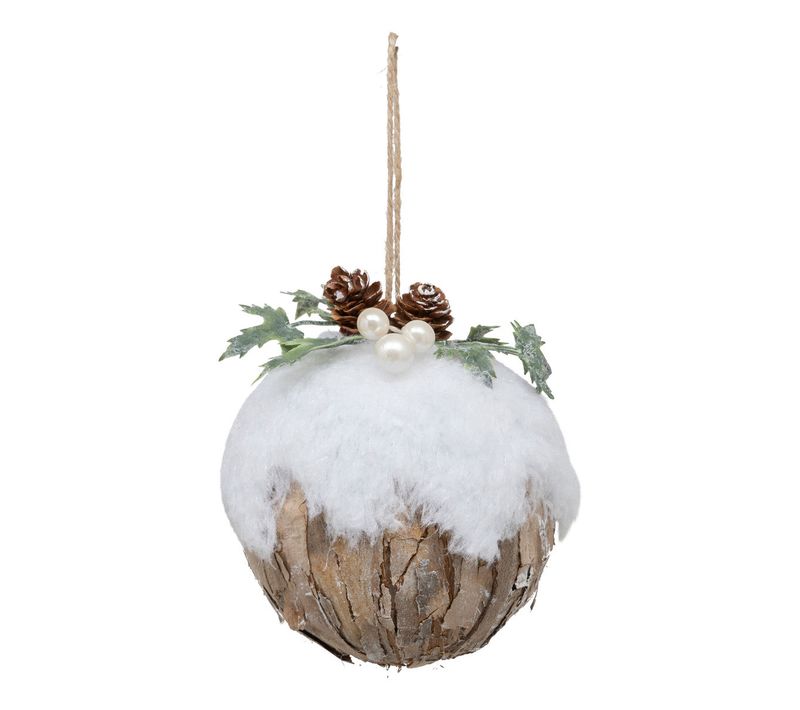 Déco Sapin Boule De Noël D 9 Cm Bois Écorce, Baies , Feuilles Et Neige