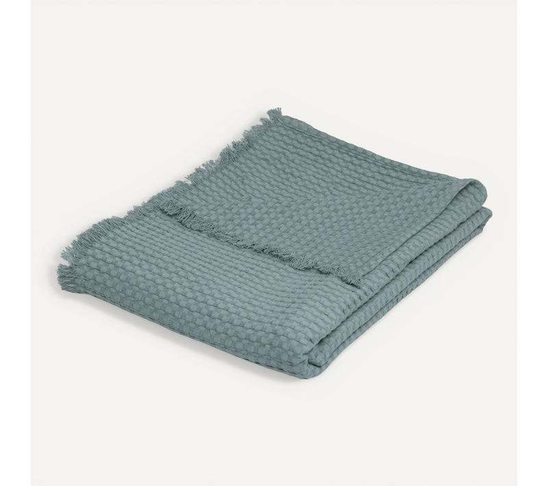 Jeté De Lit En Coton Vert Céladon Nid D'abeille Avec Franges 130 X 180 Cm