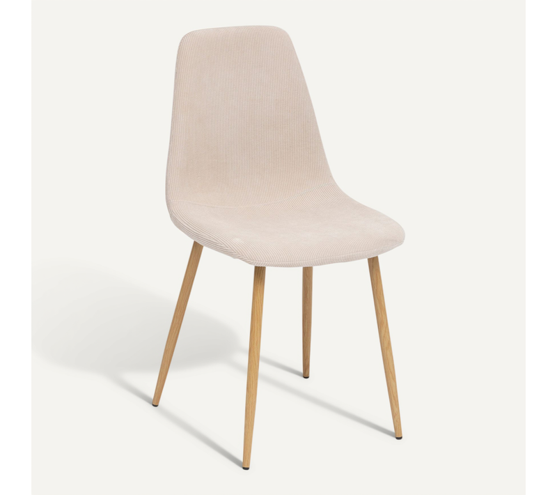 Chaise De Table En Velours Côtelé Beige Et Pieds En Métal Effet Bois