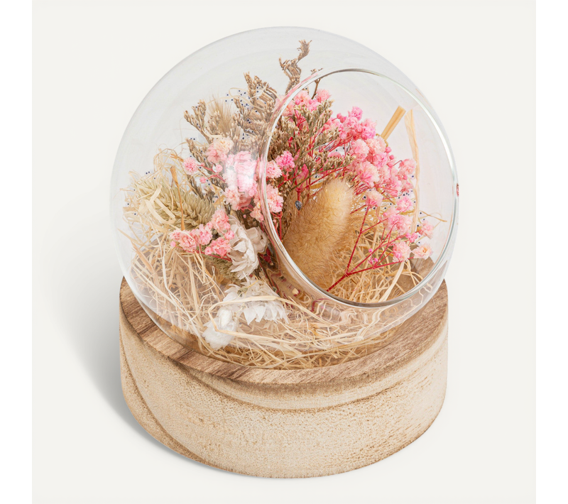 Compo De Fleurs Séchées Dans Une Boule En Verre Sur Support En Bois