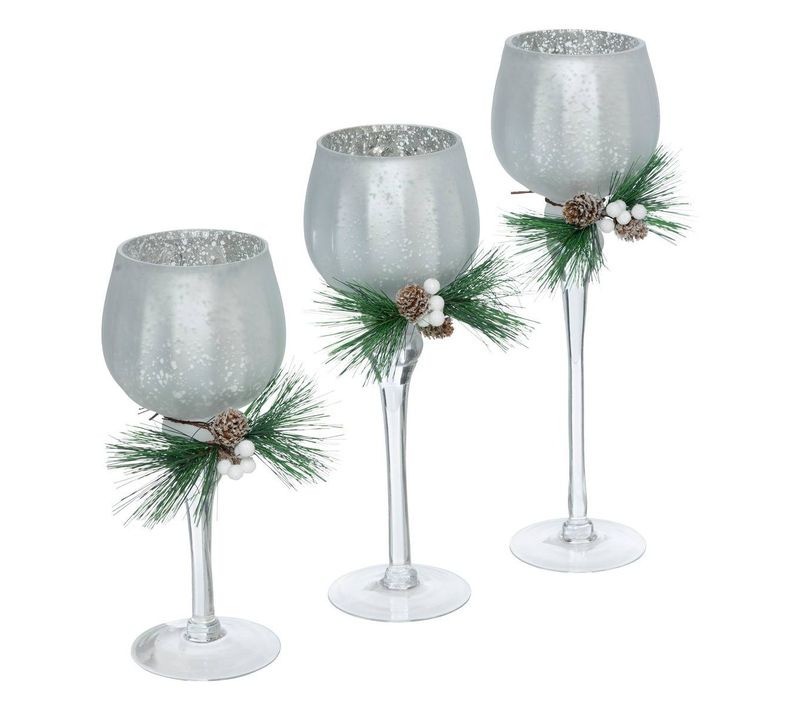 Lot De 3 Photophore Verre À Pied H.30cm Argent