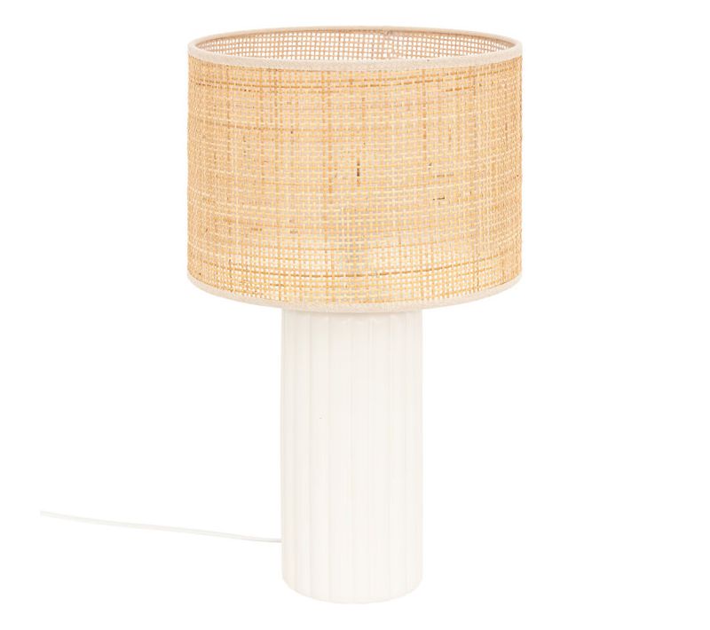 Lampe à Poser En Céramique Blanche Et Abat-jour En Rotin H 47 Cm