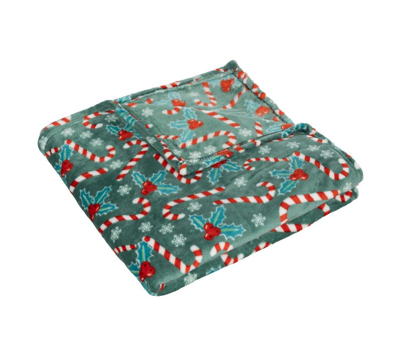 Plaid Motif Houx Et Cannes à Sucre De Noël Vert Et Rouge 130 X 180 Cm