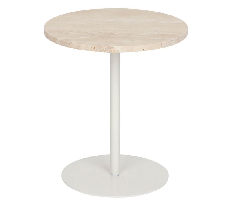Table D'appoint En Travertin Beige Et Pied En Métal Blanc D. 40 X H. 45 Cm