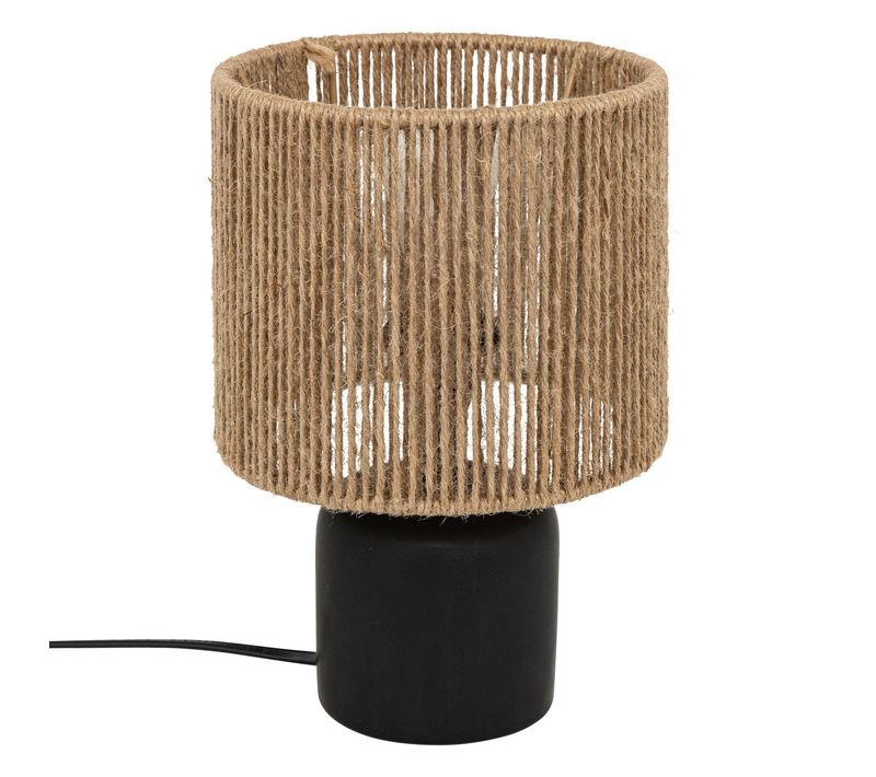 Lampe à Poser En Céramique Noir Mat Et Abat-jour En Corde Beige