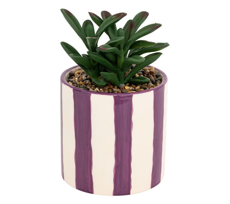 Plante Grasse Artificielle Dans Un Pot En Céramique à Rayure Mauve H 16.5 Cm