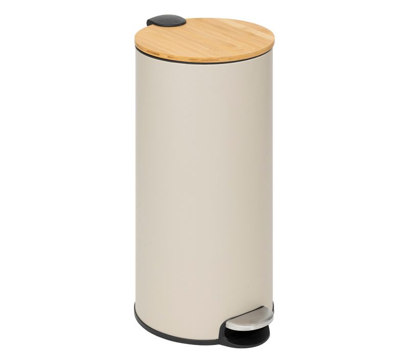 Poubelle 30 Litres En Métal Beige Et Couvercle En Bambou