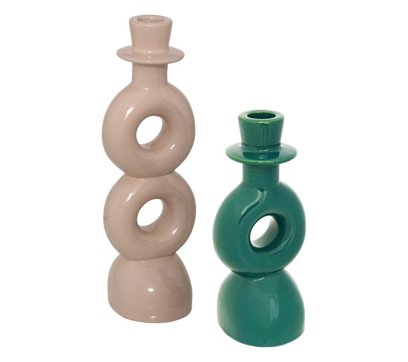 Lot De 2 Bougeoirs Chandeliers En Céramique Beige Et Vert