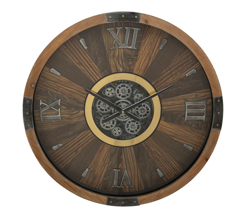 Grande Pendule Murale Marron Style Industriel Avec Rouages Mobiles D 63.5 Cm