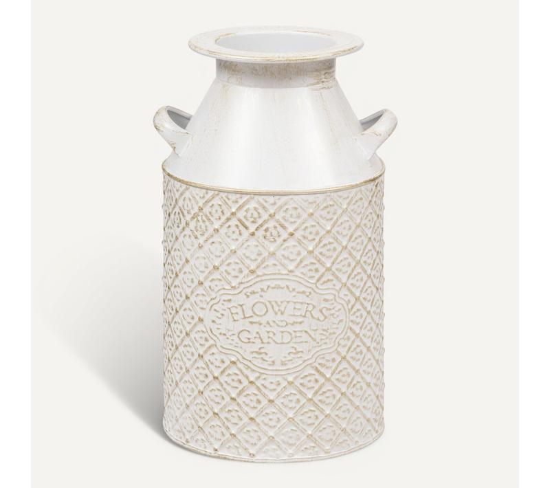Pot à Lait Décoratif En Fer Blanc Patine Mordorée Et Motifs Floraux H 31.5 Cm