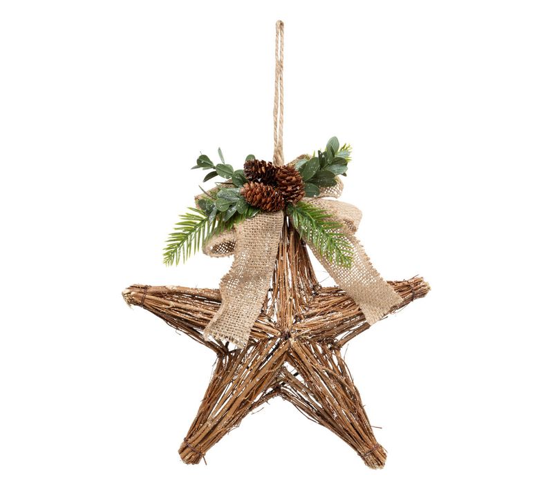 Déco Murale Étoile En Bois Jute Et Pomme De Pin H 26 Cm