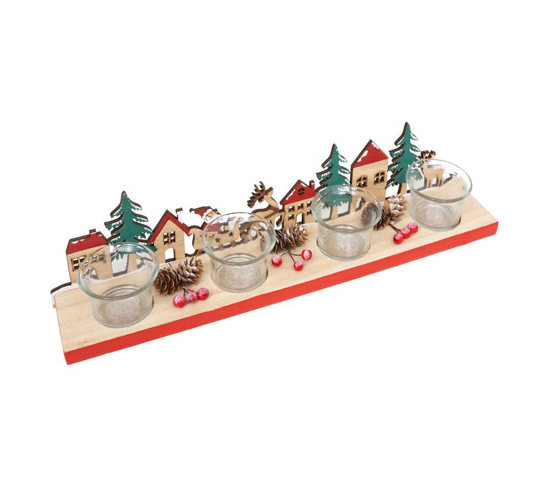 Bougeoir Centre De Table 4 Photophores En Verre Avec Déco De Noël En Bois