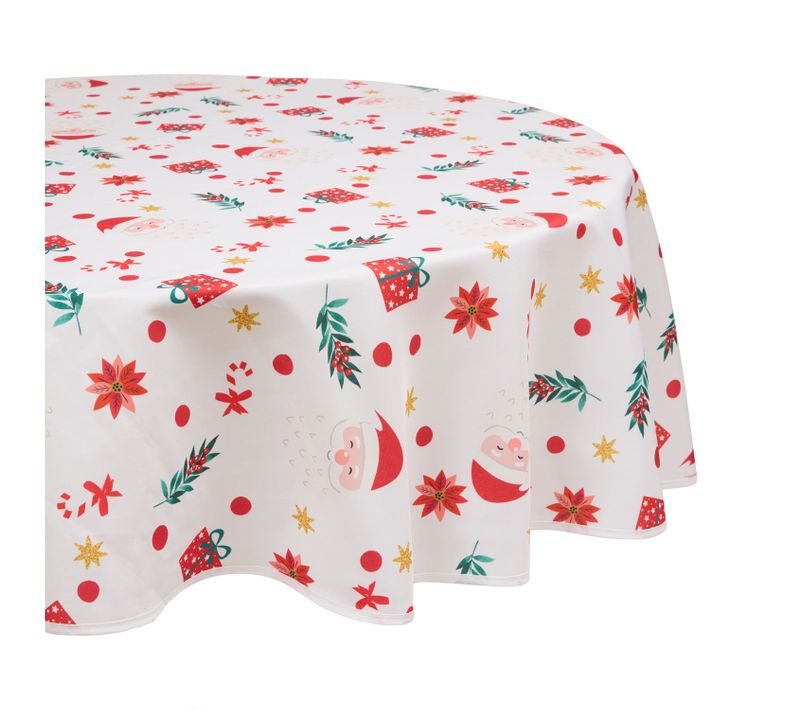 Nappe De Noël Ronde Antitache Motif Père Noël - D. 180 Cm
