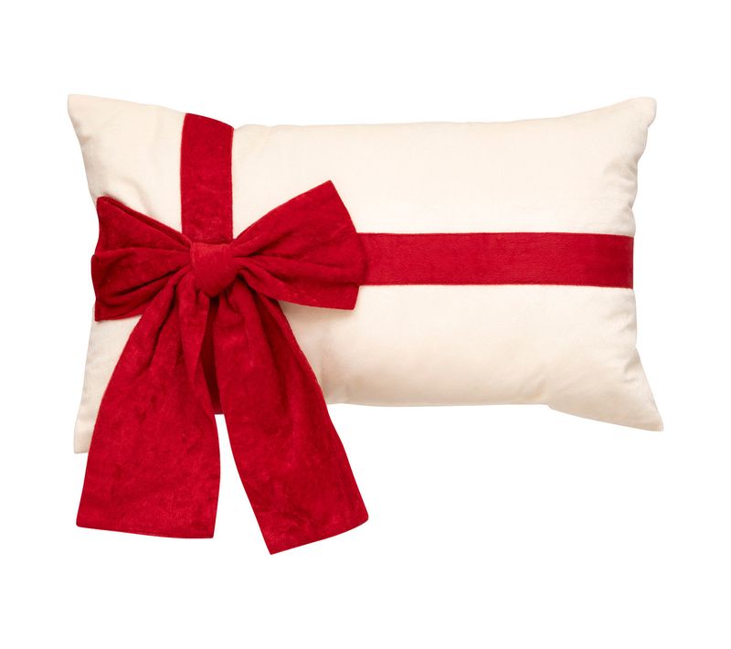Coussin De Noël Blanc Nœud Rouge Façon Paquet Cadeau 30 X 50 Cm