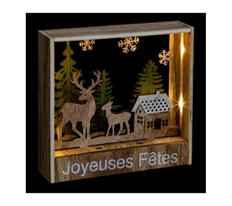 Déco De Noël Lumineuse à Poser Cadre En Bois Rennes 26 LED H 17 Cm