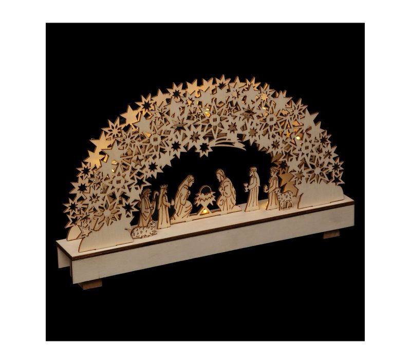 Crèche De Noël Lumineuse En Bois 9 Santons Et 8 LED Blanc Chaud