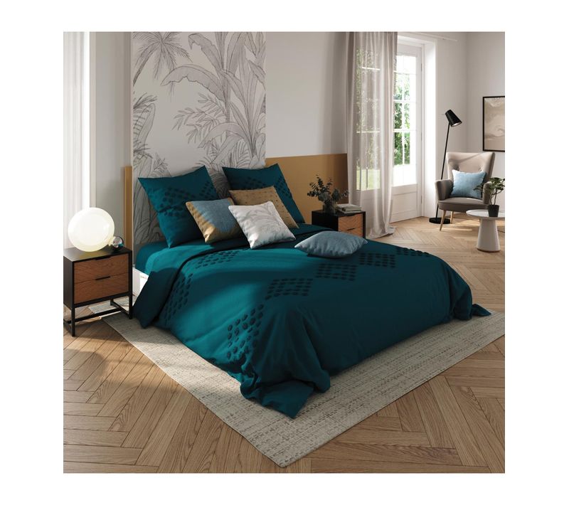 Parure De Lit 2 Personnes 240 X 220 Cm Housse De Couette Avec 2 Taies Coton Lavé Bleu Canard Tufté