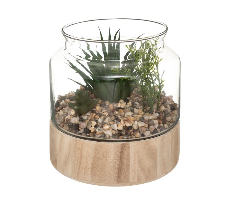 Terrarium Artificiel Plante Verte Plateau En Bois H 17,5 Cm