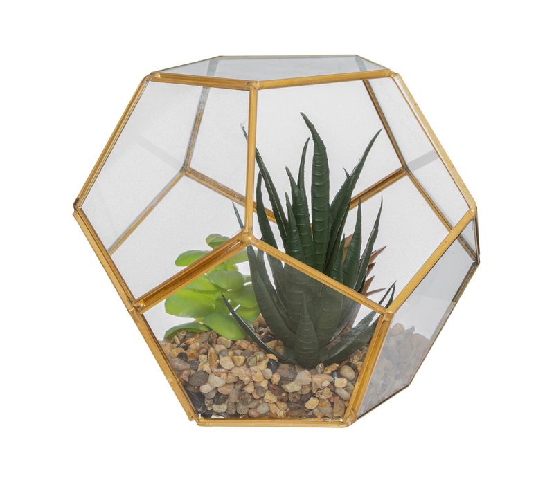 Plante Artificielle Dans Un Terrarium En Verre Et Métal  D 17 Cm