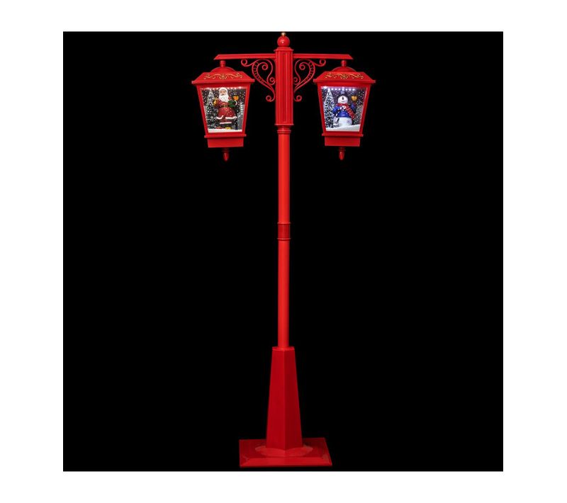 Lampadaire Rouge 2 Lanternes Lumineuses Et Musicales Avec Père-noël Et Bonhomme De Neige