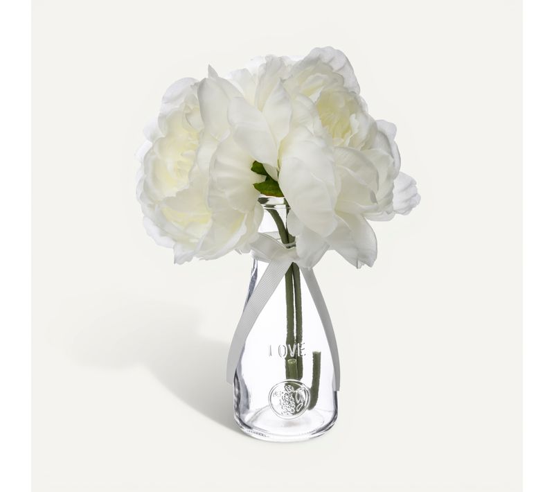 Composition Florale Artificielle 3 Pivoines Blanches Vase En Verre H 27 Cm