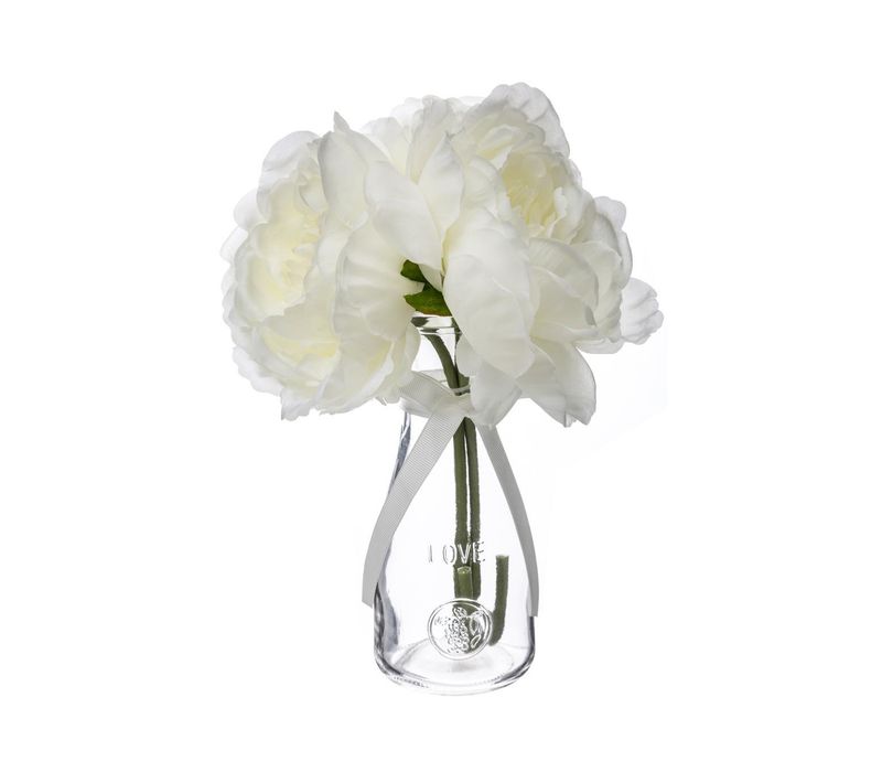 Composition Florale Artificielle 3 Pivoines Blanches Vase En Verre H 27 Cm