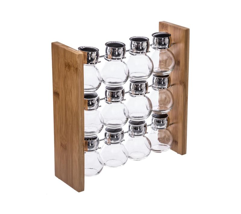 Rack à Épices Support En Bambou Et Métal Avec 12 Pots En Verre Double Bec Verseur