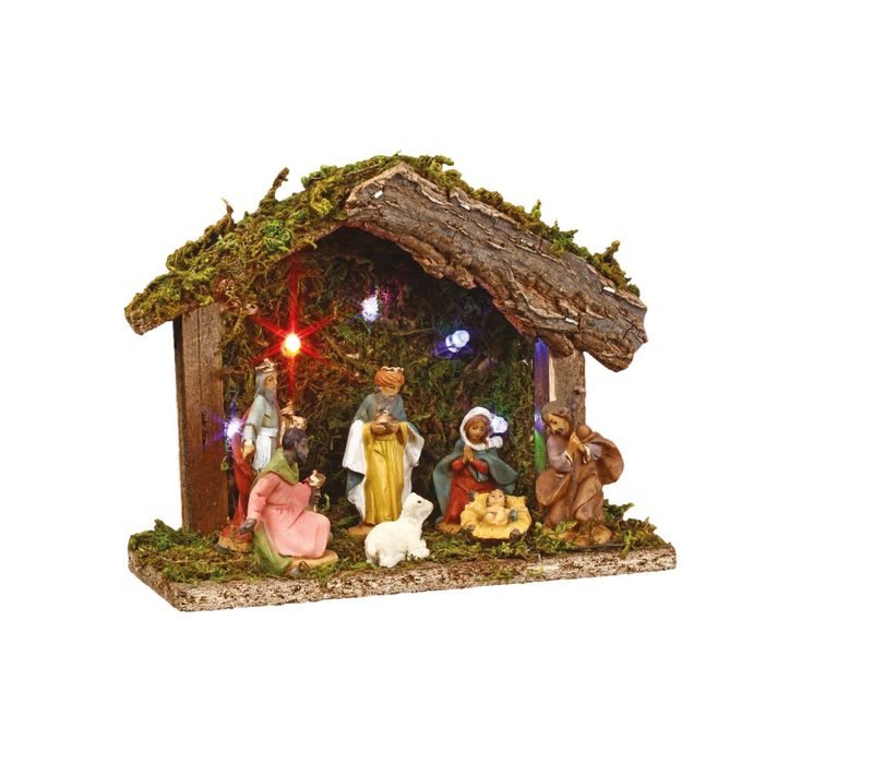 Crèche De Noël Lumineuse En Bois  5 LED Et 7 Santons