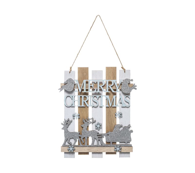 Déco De Noël Suspension En Bois Merry Christmas Avec Déco Argenté Pailleté H 24 Cm