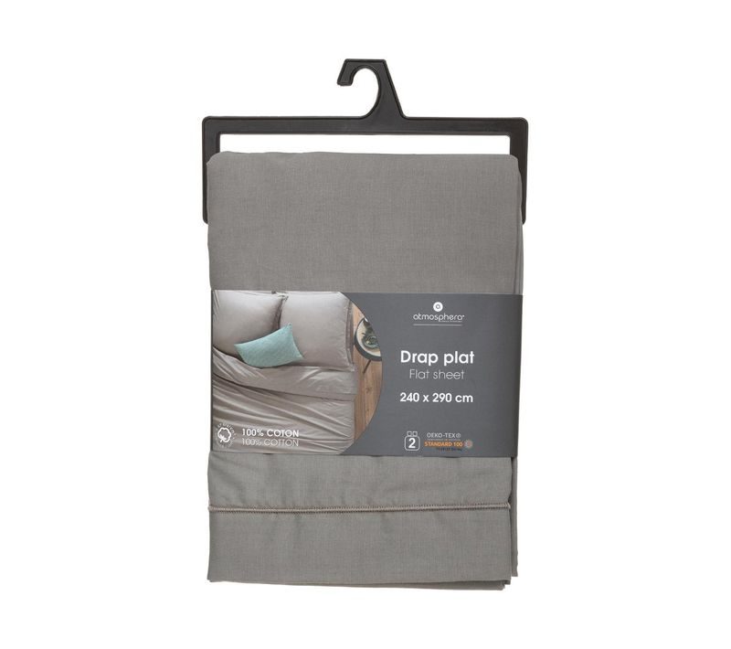 Drap Plat 2 Personnes En Coton Gris 240 X 290 Cm