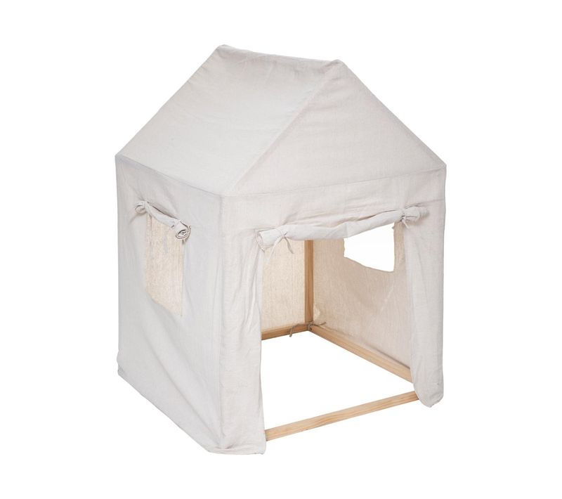 Cabane Enfant Maison En Bois Et Toile Beige Avec Porte Et Fenêtres H 115 Cm